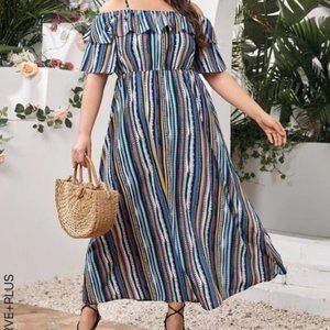Plus Size Ruffle Detail Striped Print Dress